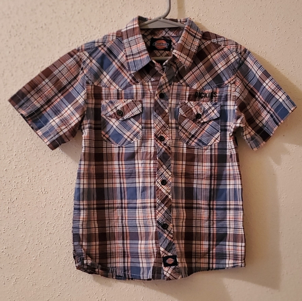 Boys Dickies Button Down Plaid Short Sleeve Shirt